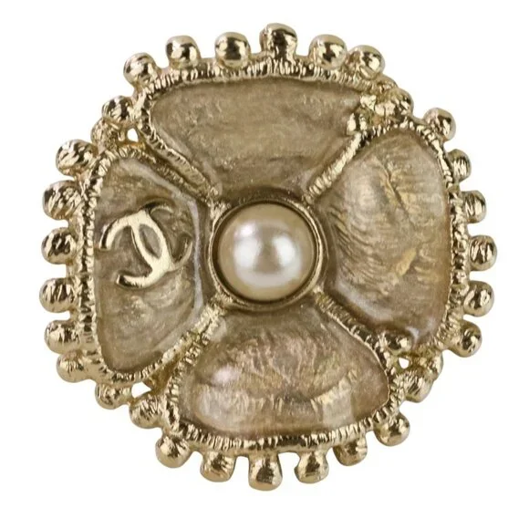 CHANEL Gold Pearl Logo Earrings